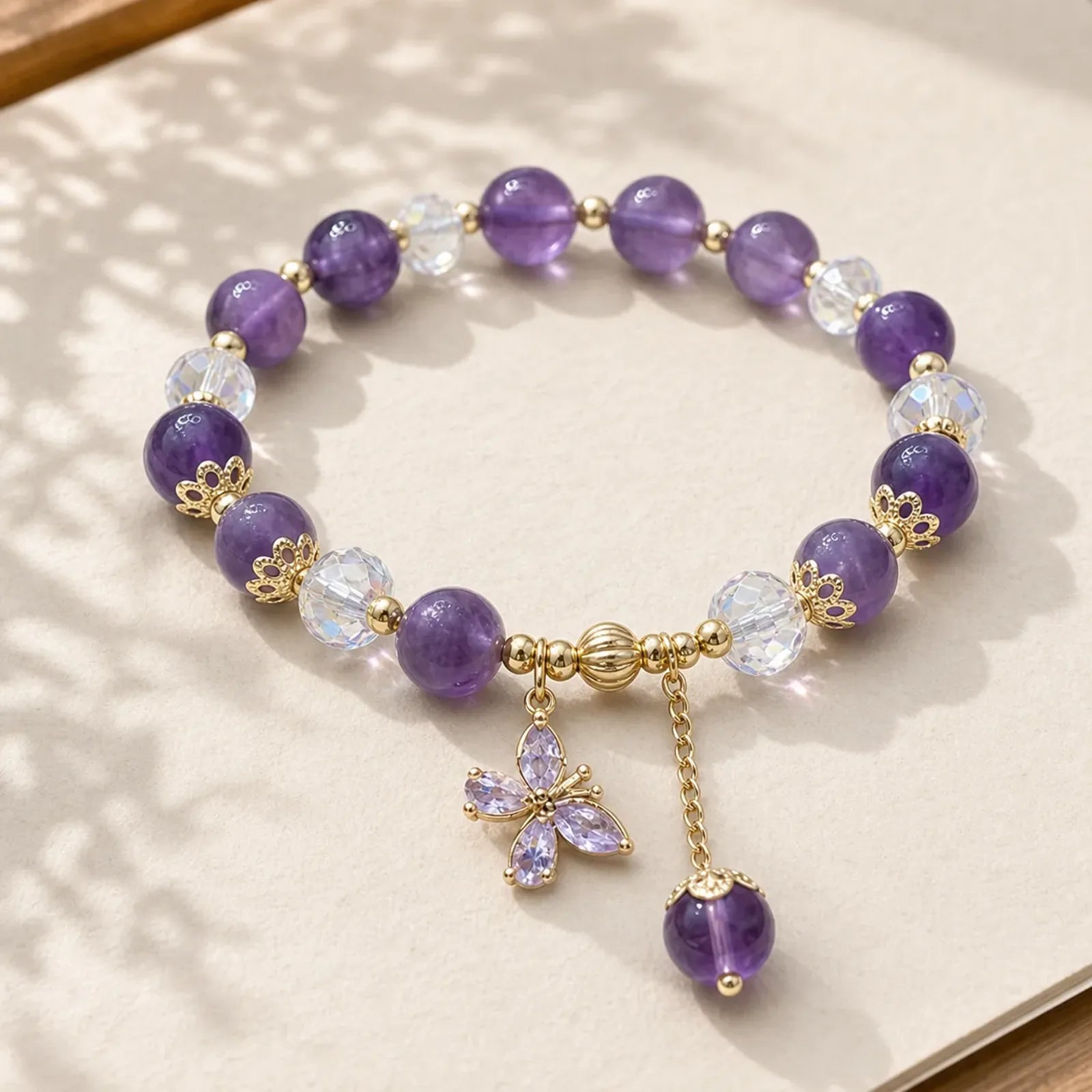 Natural Amethyst Crystal Spiritual Butterfly Charm Bracelet featuring Amethyst, Butterfly, Feng Shui Butterfly