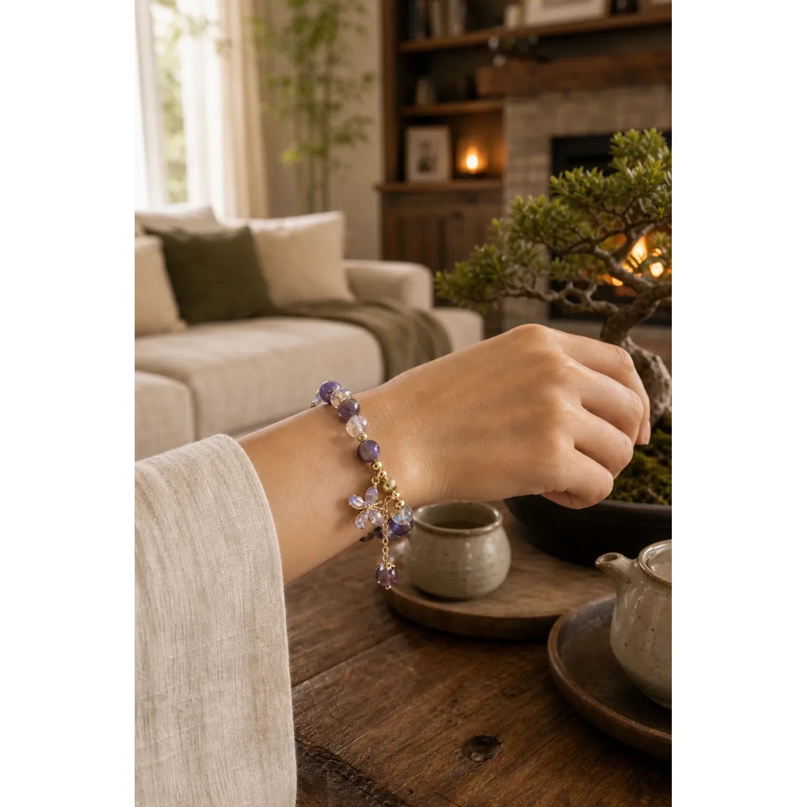 Natural Amethyst Crystal Spiritual Butterfly Charm Bracelet featuring Amethyst, Butterfly, Feng Shui Butterfly