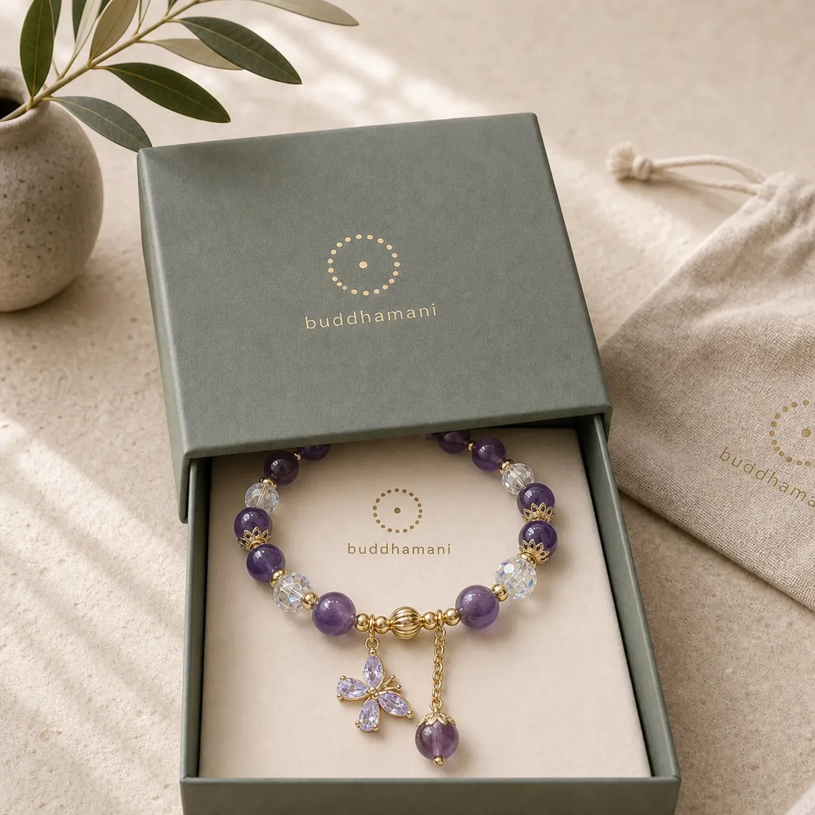 Natural Amethyst Crystal Spiritual Butterfly Charm Bracelet featuring Amethyst, Butterfly, Feng Shui Butterfly