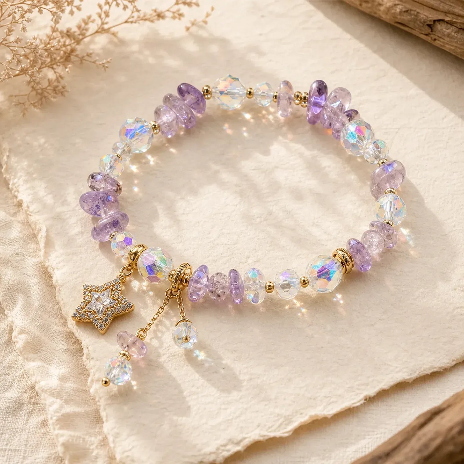 Natural Amethyst Crystal Star Charm Positive Transformation Bracelet featuring Amethyst, Copper