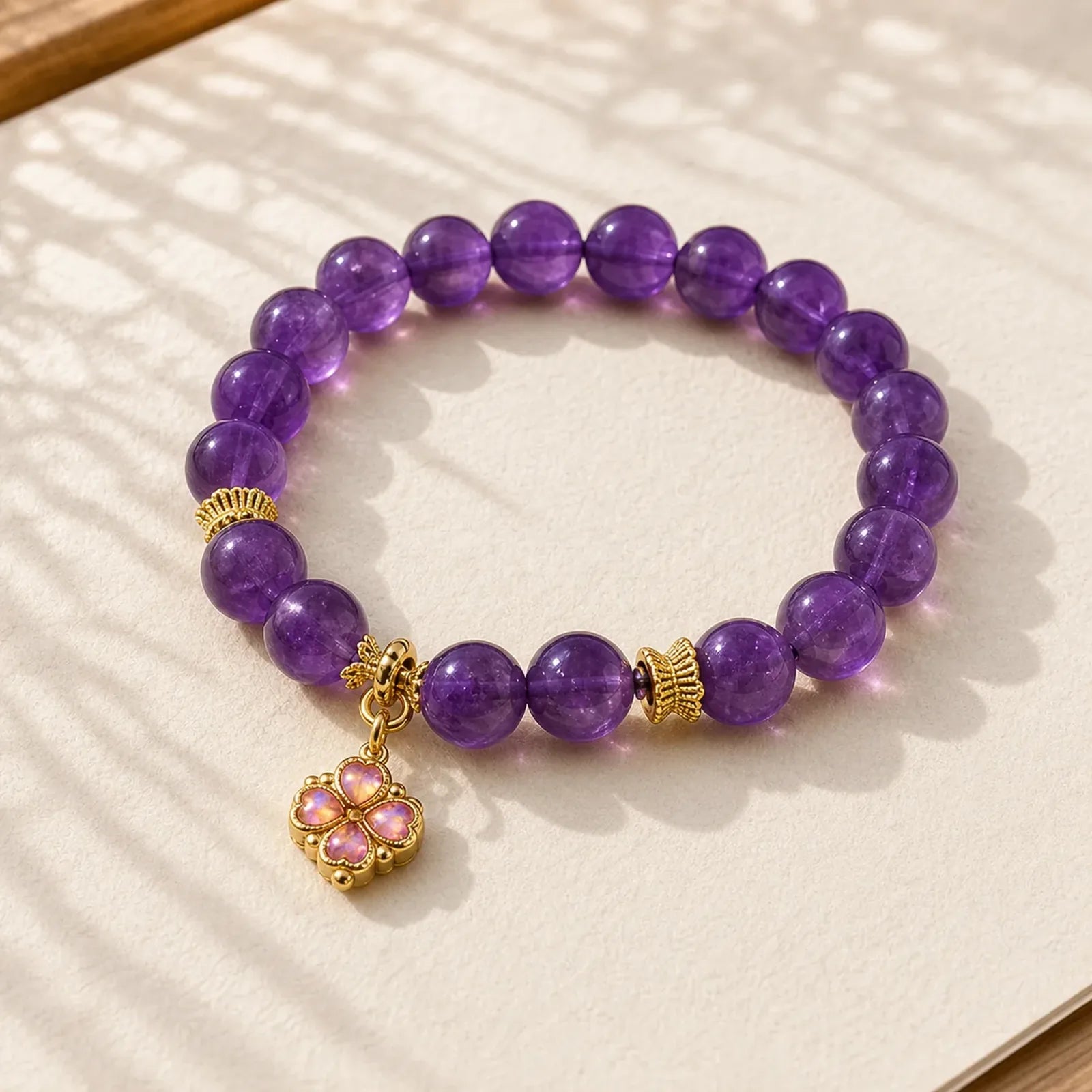 Natural Amethyst Four Leaf Clover Charm Communication Bracelet featuring Amethyst, Copper