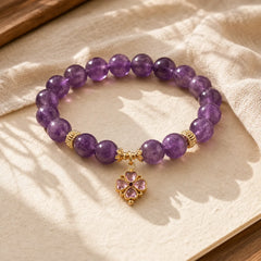 Natural Amethyst Four Leaf Clover Charm Communication Bracelet featuring Amethyst, Copper
