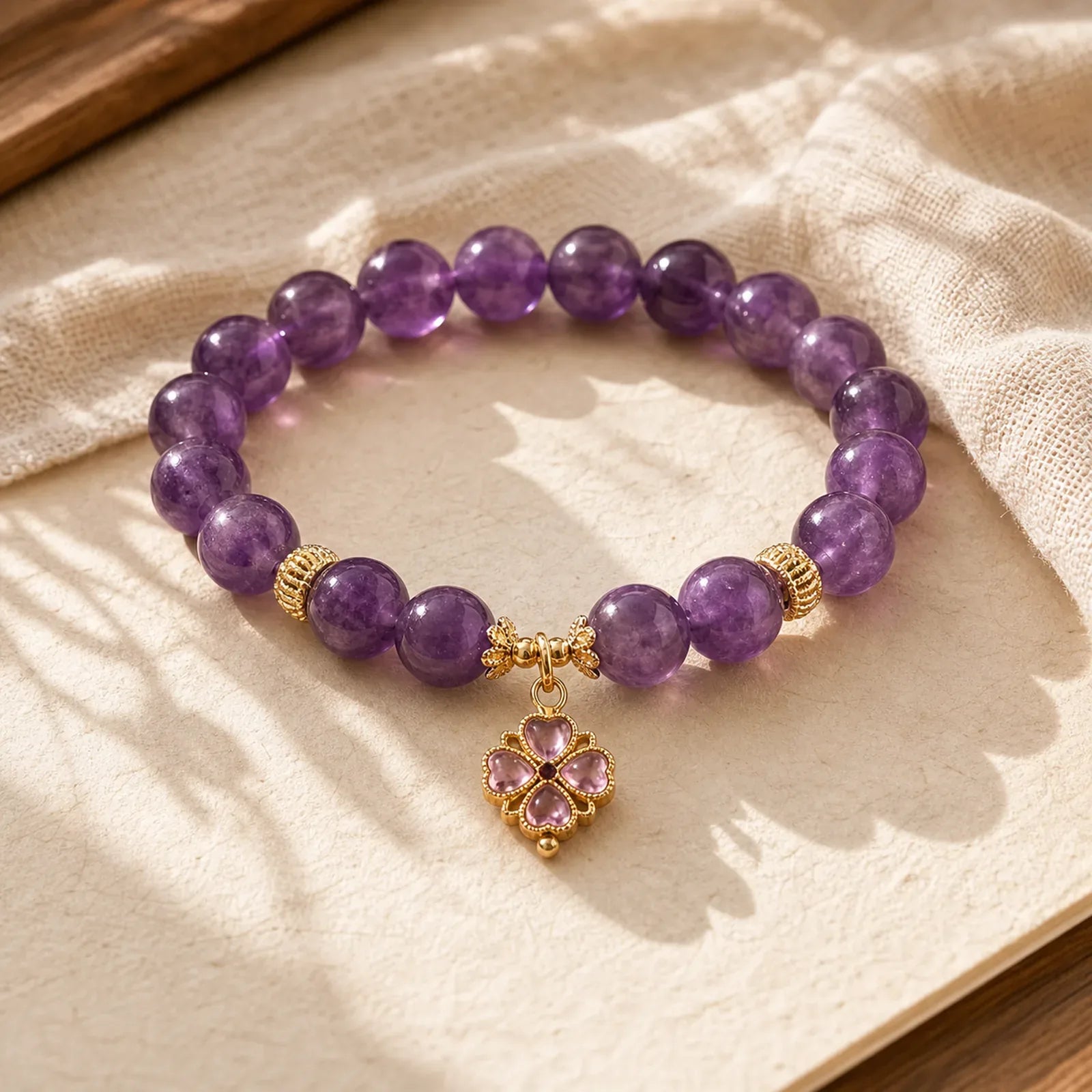 Natural Amethyst Four Leaf Clover Charm Communication Bracelet featuring Amethyst, Copper