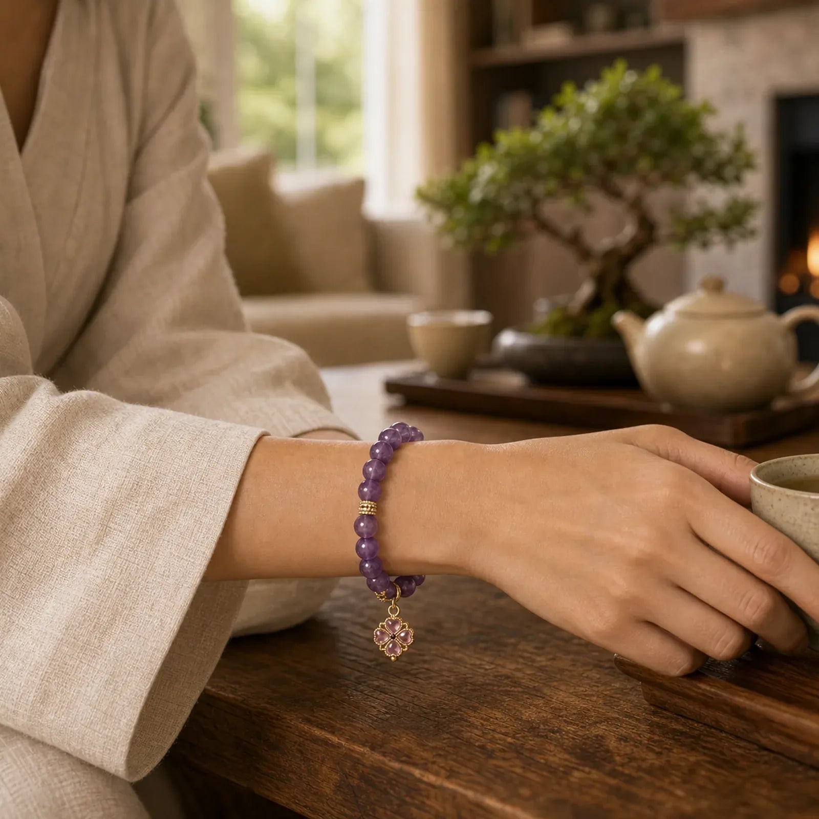 Natural Amethyst Four Leaf Clover Charm Communication Bracelet featuring Amethyst, Copper