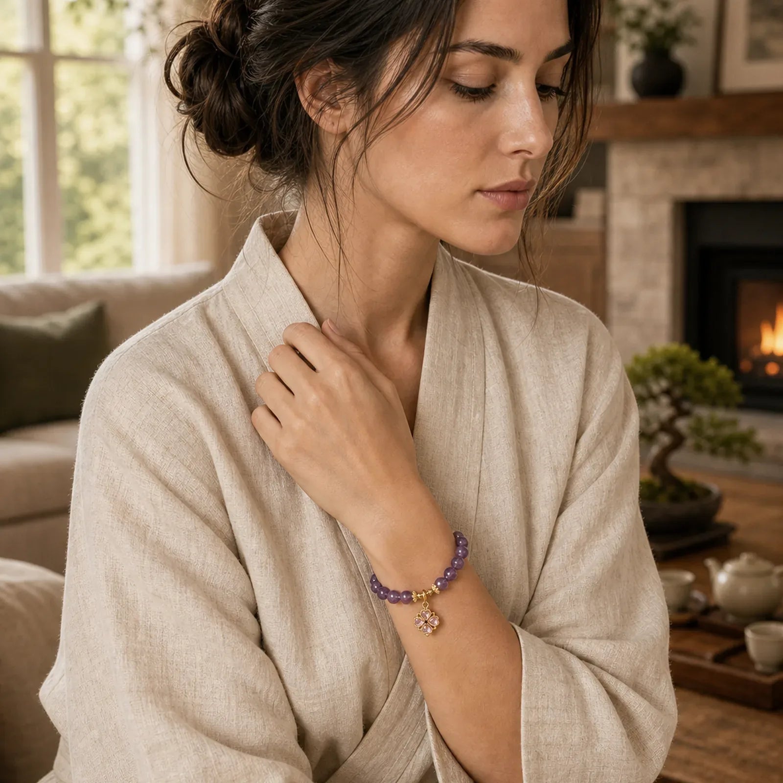 Natural Amethyst Four Leaf Clover Charm Communication Bracelet featuring Amethyst, Copper