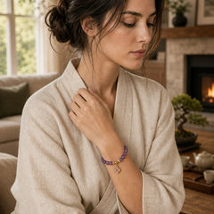 Natural Amethyst Four Leaf Clover Charm Communication Bracelet featuring Amethyst, Copper