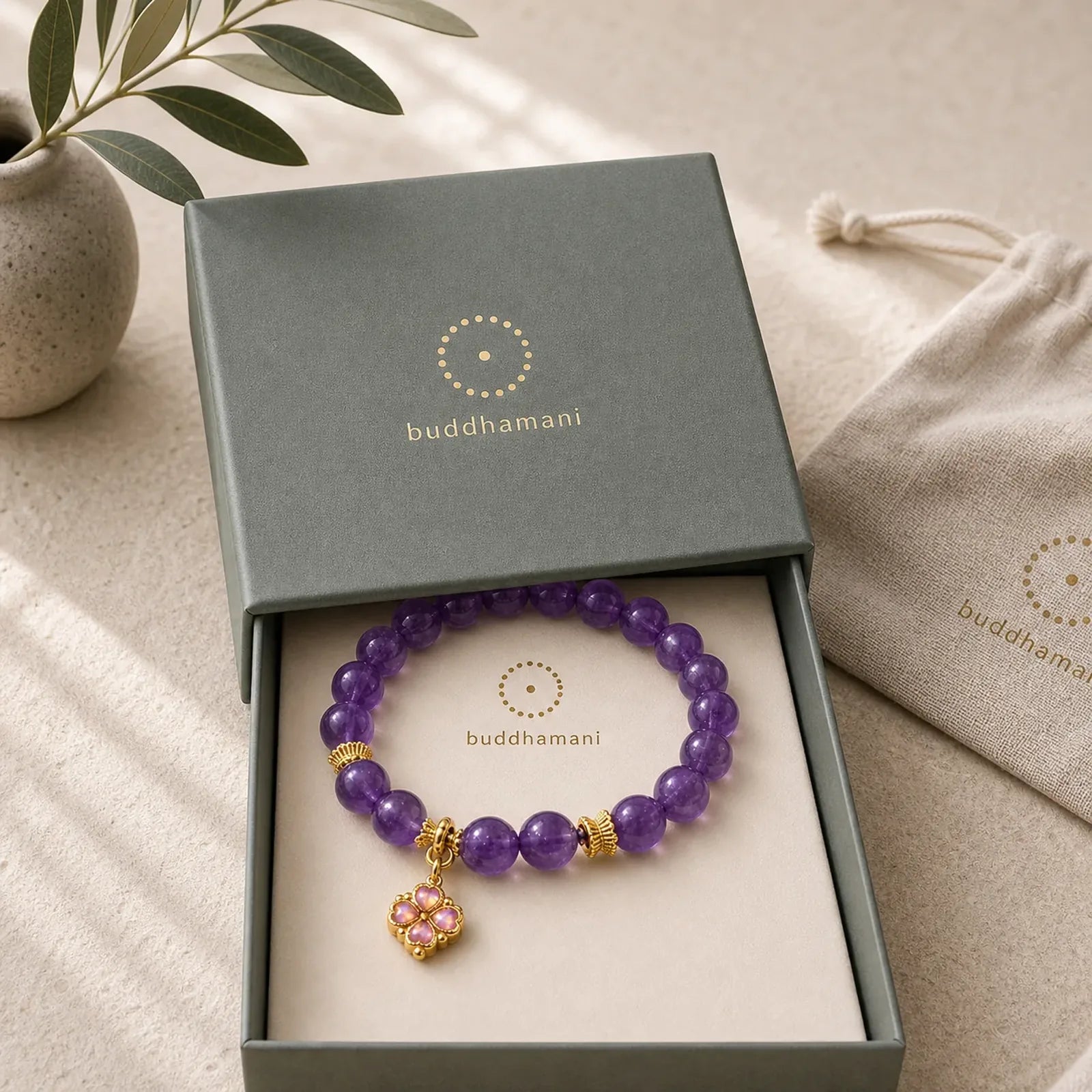 Natural Amethyst Four Leaf Clover Charm Communication Bracelet featuring Amethyst, Copper