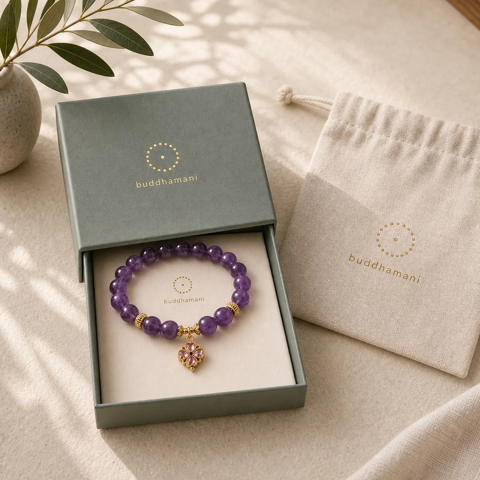 Natural Amethyst Four Leaf Clover Charm Communication Bracelet featuring Amethyst, Copper