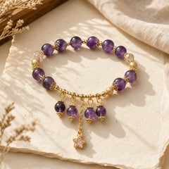 Natural Amethyst Four Leaf Clover Star Peace Bracelet featuring Amethyst, Copper