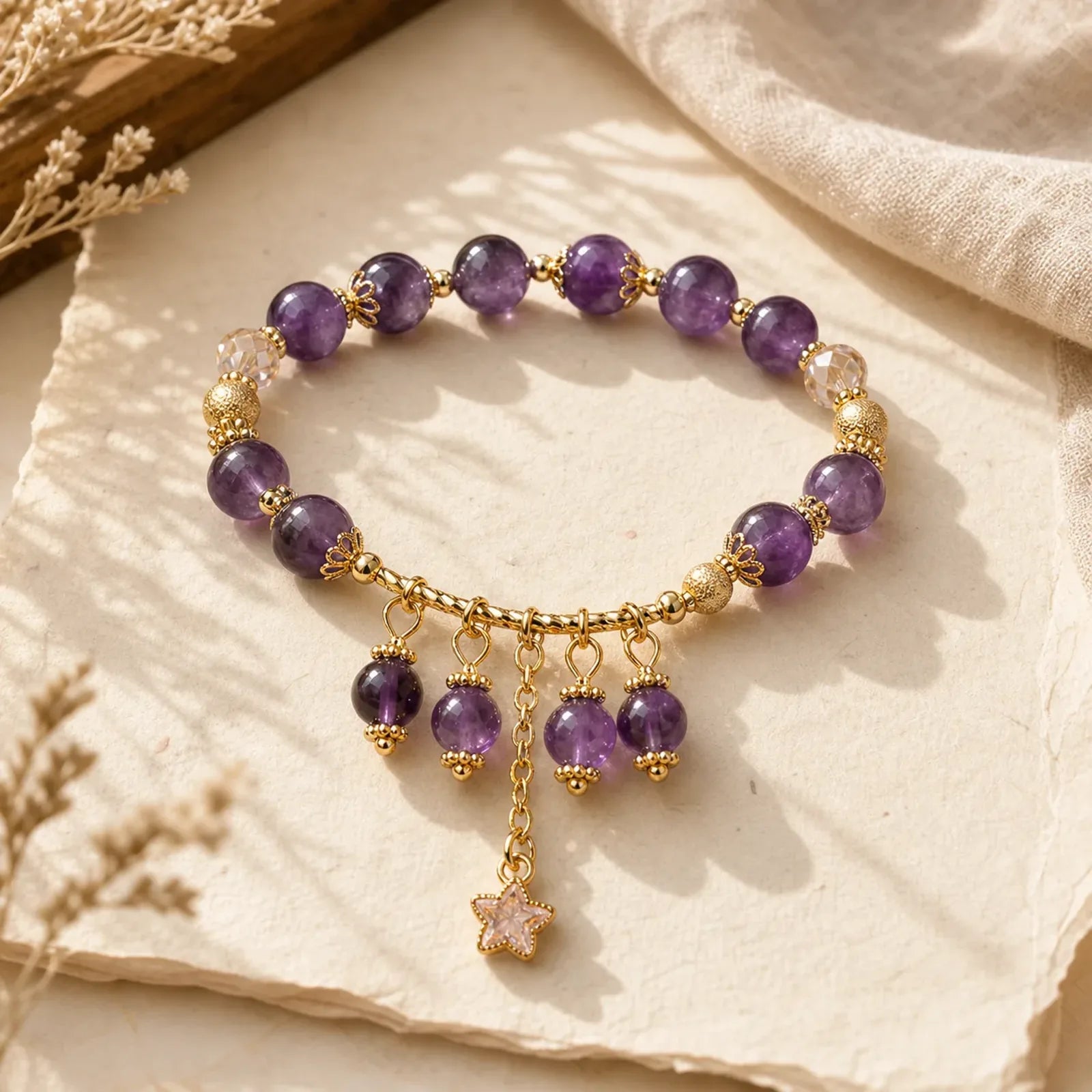 Natural Amethyst Four Leaf Clover Star Peace Bracelet featuring Amethyst, Copper