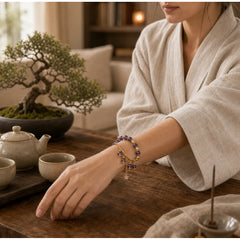 Natural Amethyst Four Leaf Clover Star Peace Bracelet featuring Amethyst, Copper