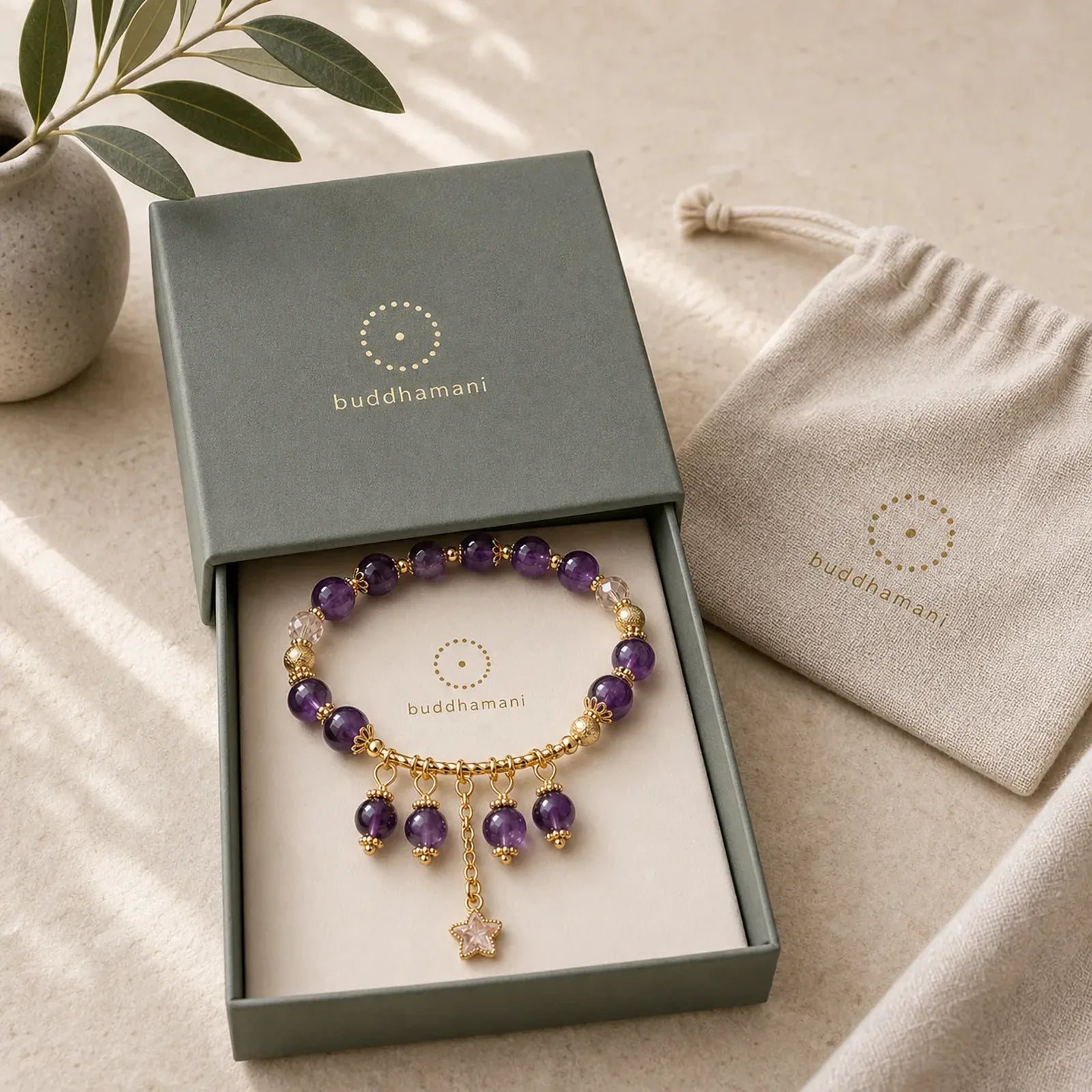 Natural Amethyst Four Leaf Clover Star Peace Bracelet featuring Amethyst, Copper