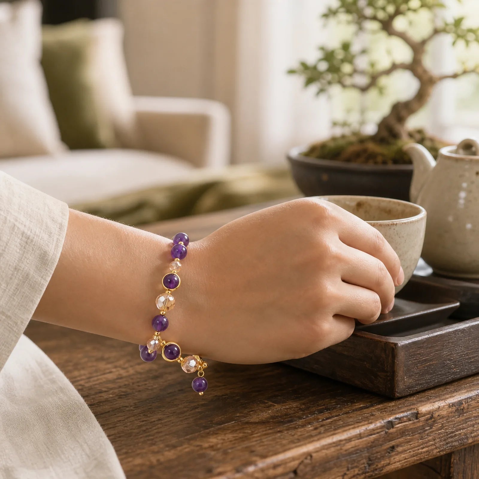 Natural Amethyst Geometric Crystal Meditation Bracelet featuring Amethyst, Copper