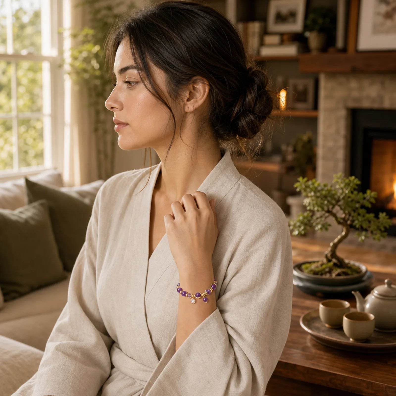 Natural Amethyst Geometric Crystal Meditation Bracelet featuring Amethyst, Copper