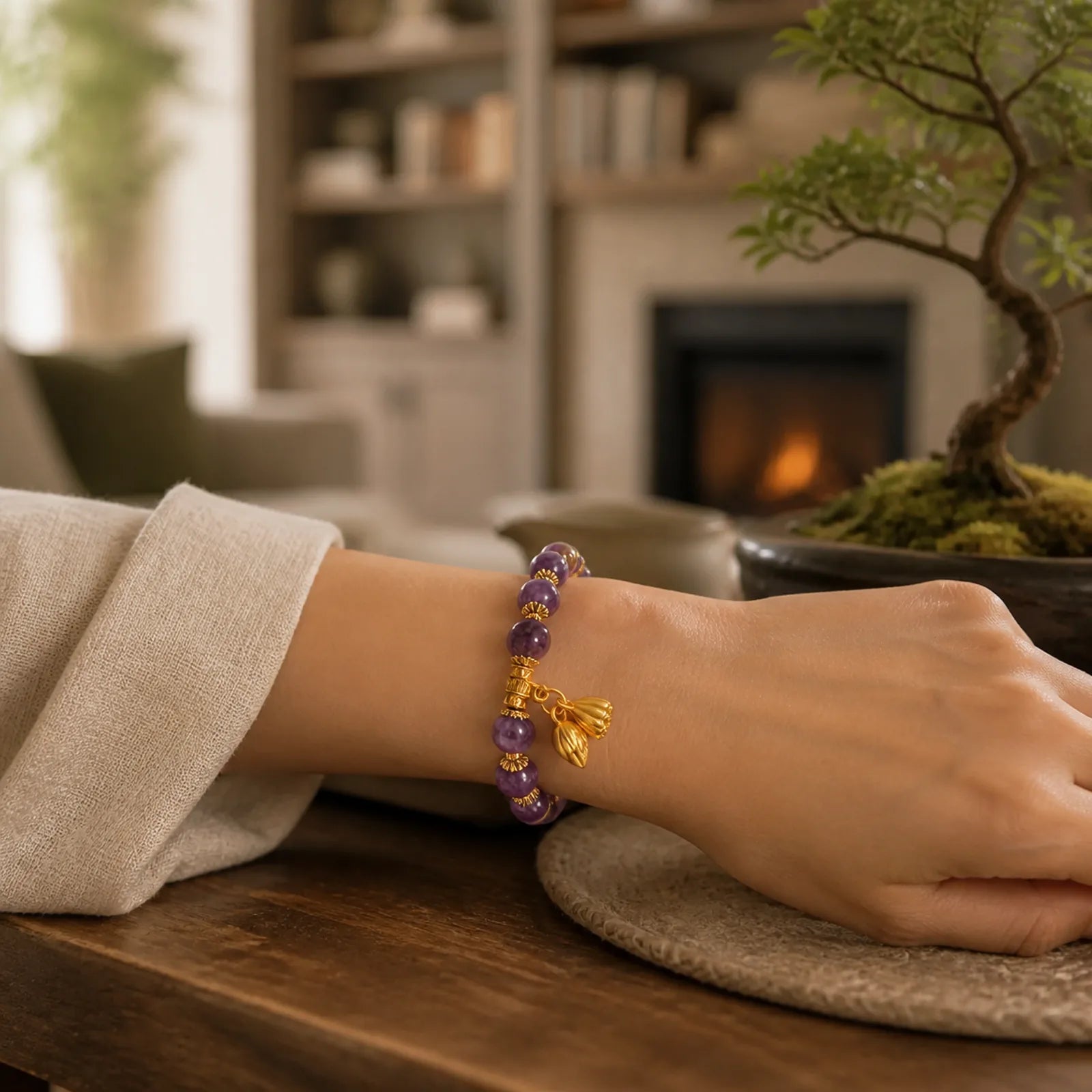 Natural Amethyst Lotus Healing Spiritual Bracelet featuring Amethyst, Lotus, Lotus Symbol