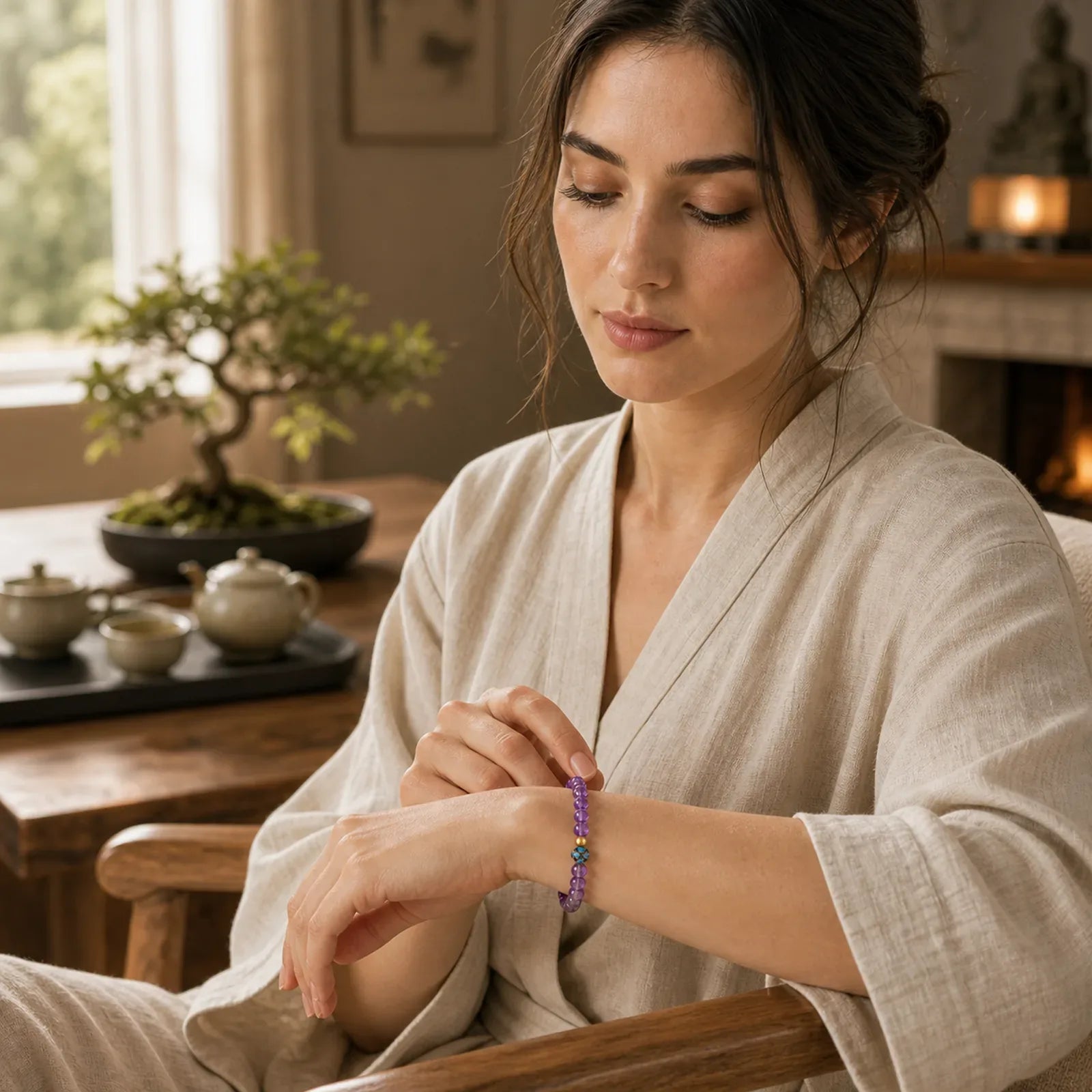 Natural Amethyst Lotus Spiritual Awareness Bracelet featuring Amethyst, Lotus, Lotus Symbol