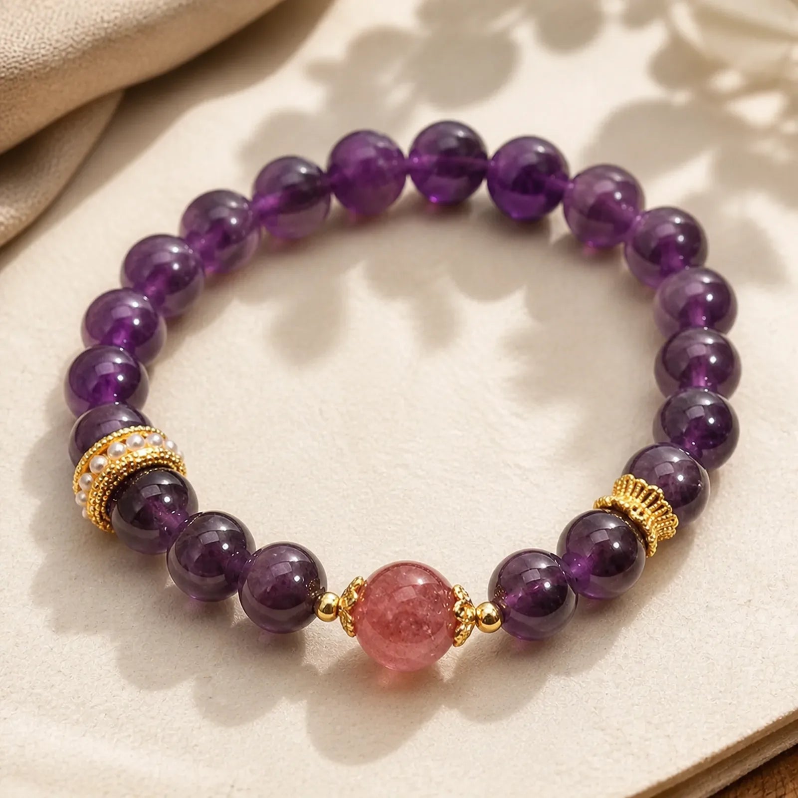 Natural Amethyst Lucky Strawberry Quartz Beads Peace Bracelet featuring Amethyst, Strawberry Quartz
