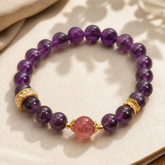 Natural Amethyst Lucky Strawberry Quartz Beads Peace Bracelet featuring Amethyst, Strawberry Quartz