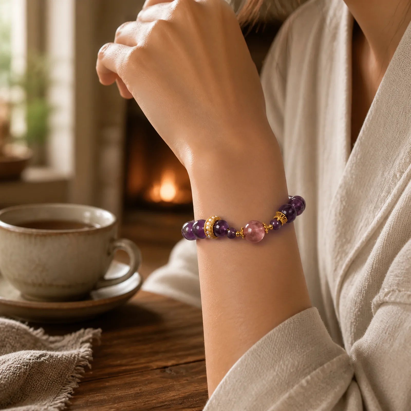 Natural Amethyst Lucky Strawberry Quartz Beads Peace Bracelet featuring Amethyst, Strawberry Quartz