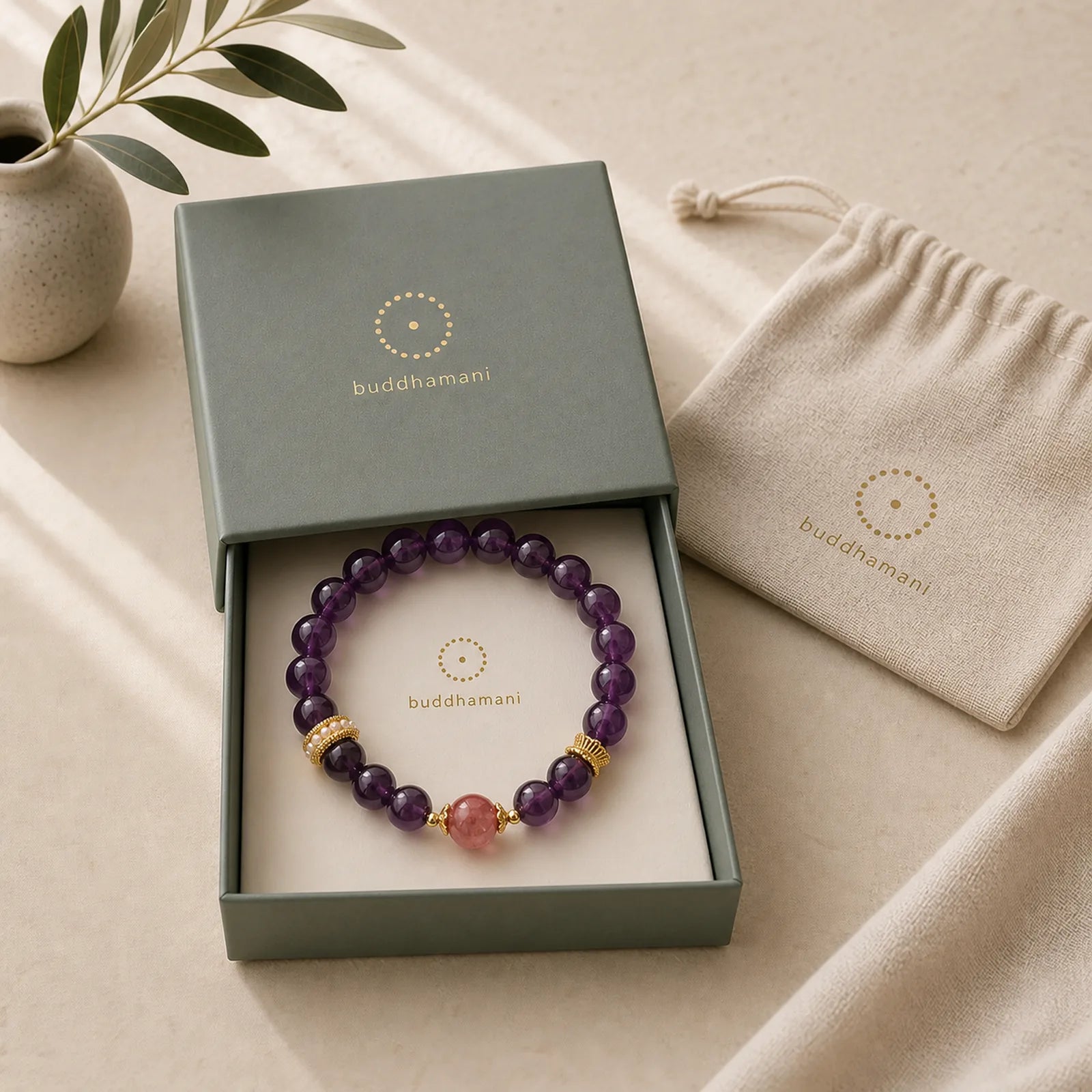 Natural Amethyst Lucky Strawberry Quartz Beads Peace Bracelet featuring Amethyst, Strawberry Quartz