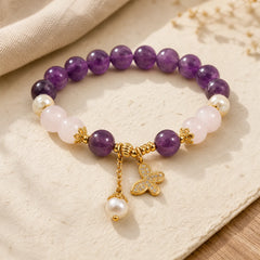 Natural Amethyst Pearl Crystal Spiritual Healing Butterfly Charm Bracelet featuring Amethyst, Pearl, Butterfly