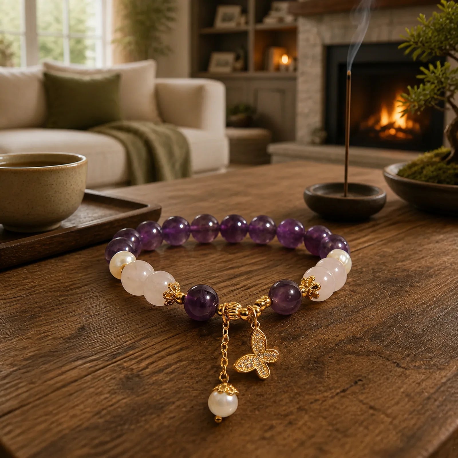 Natural Amethyst Pearl Crystal Spiritual Healing Butterfly Charm Bracelet featuring Amethyst, Pearl, Butterfly