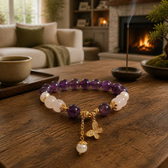 Natural Amethyst Pearl Crystal Spiritual Healing Butterfly Charm Bracelet featuring Amethyst, Pearl, Butterfly