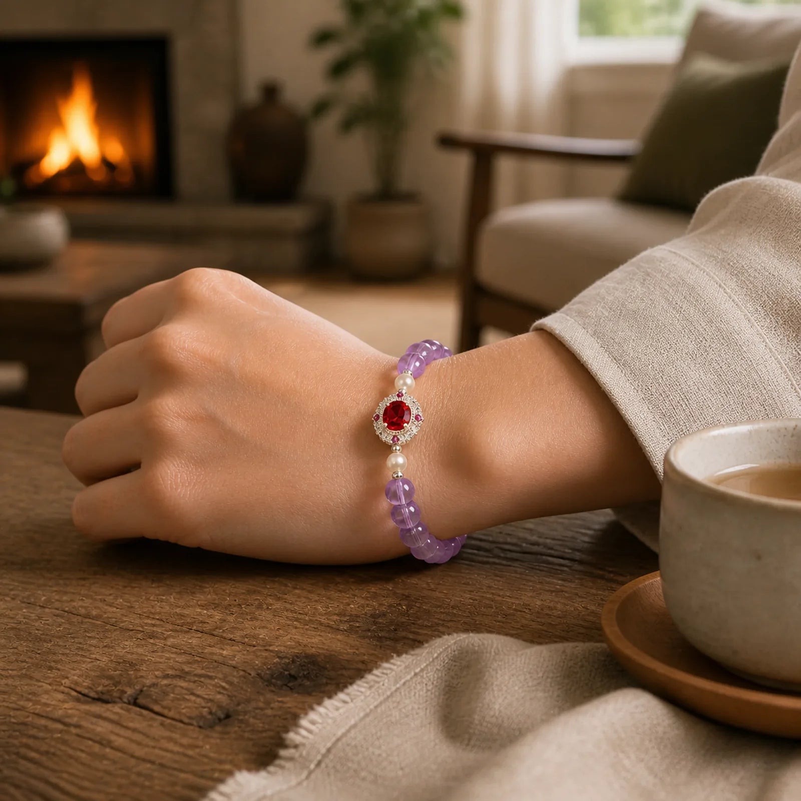 Natural Amethyst Pearl Red Zircon Balance Bracelet featuring Amethyst, Pearl