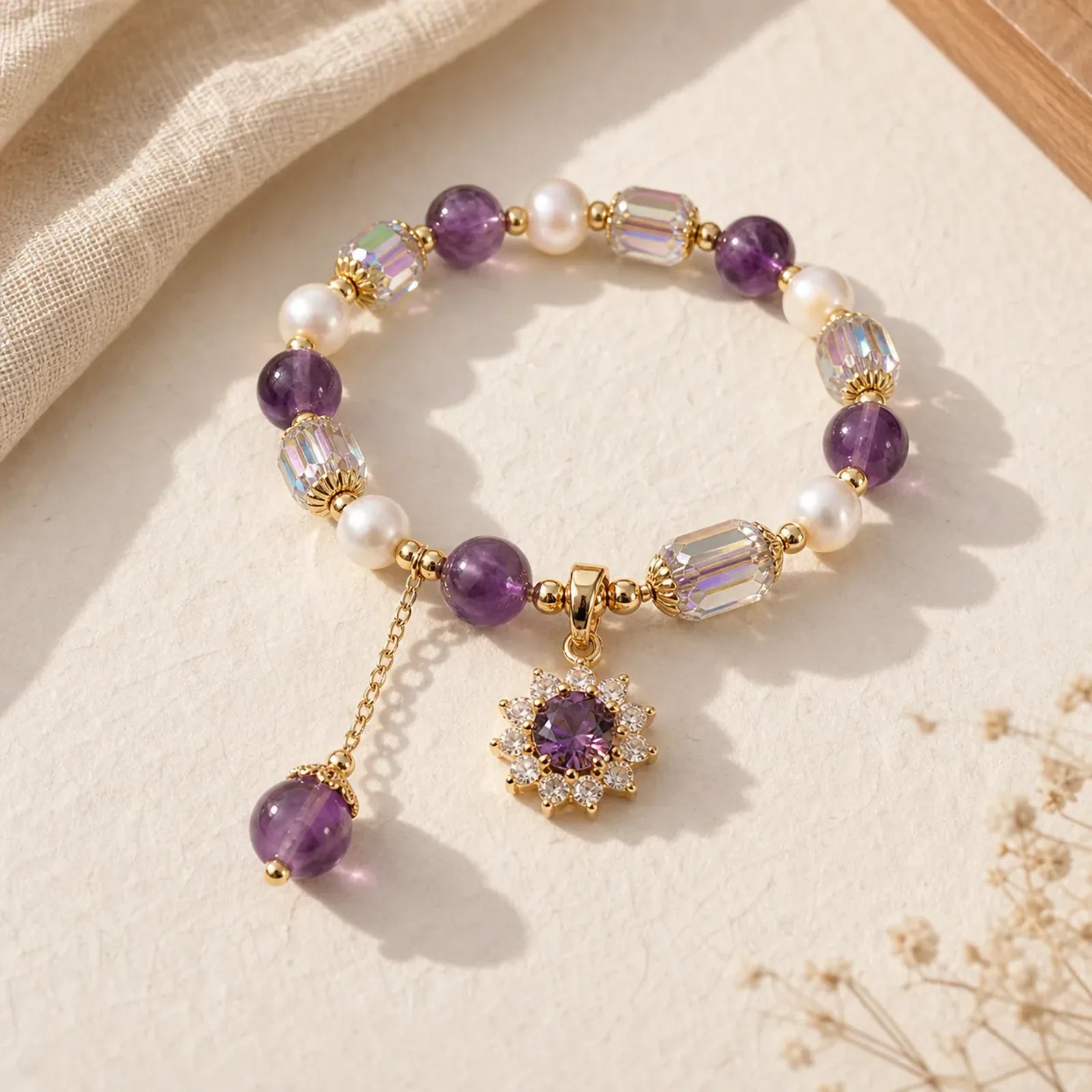 Natural Amethyst Pearl Sunflower Communication Bracelet featuring Amethyst, Pearl, Copper