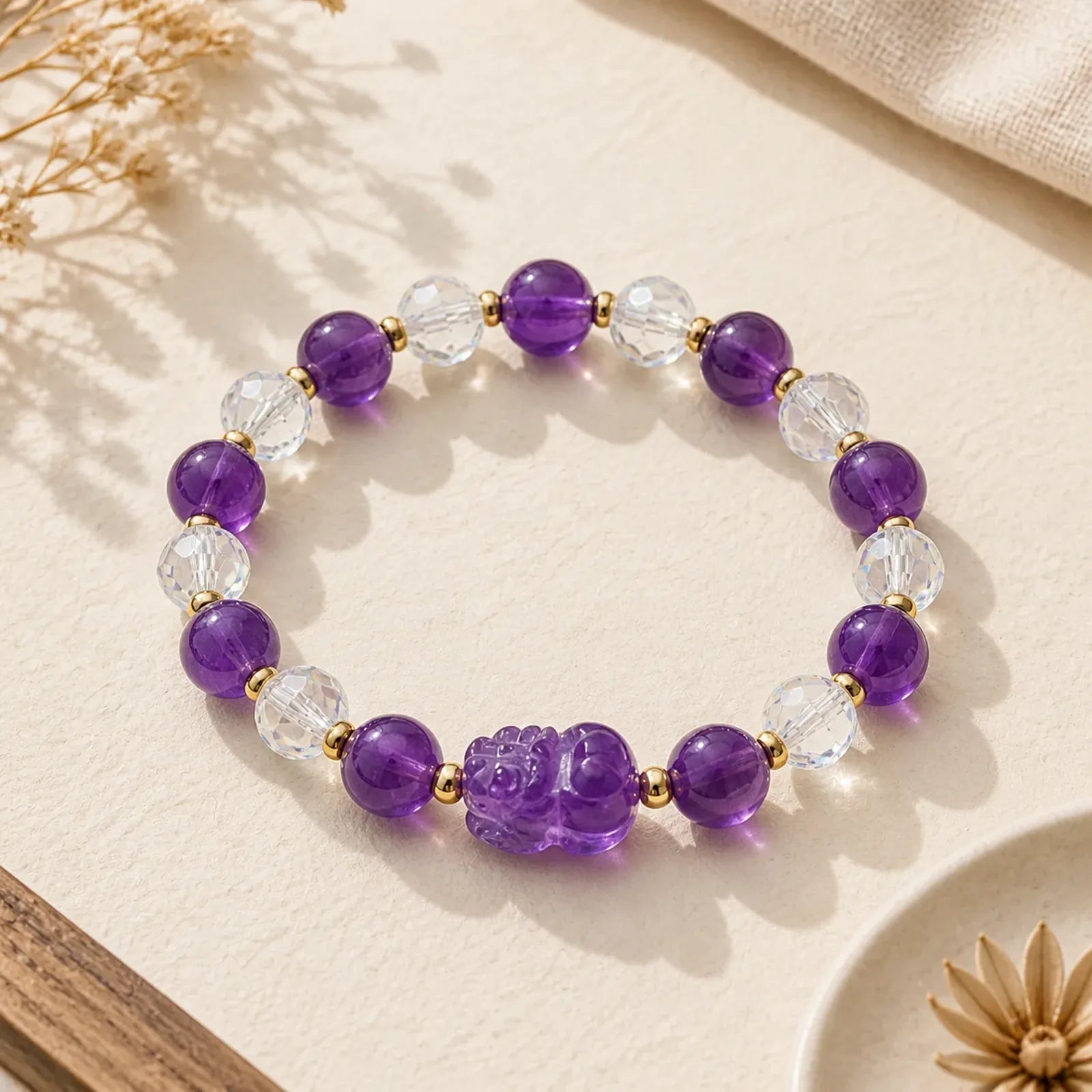 Natural Amethyst Pixiu Crystal Balance Bracelet featuring Amethyst, Pixiu, Copper