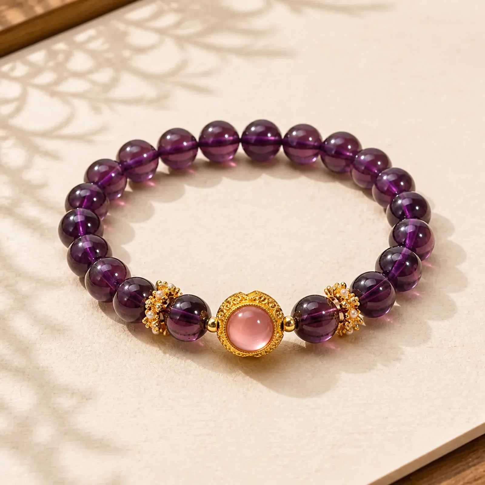 Natural Amethyst Strawberry Quartz Beads Healing Bracelet featuring Amethyst, Strawberry Quartz, Pearl