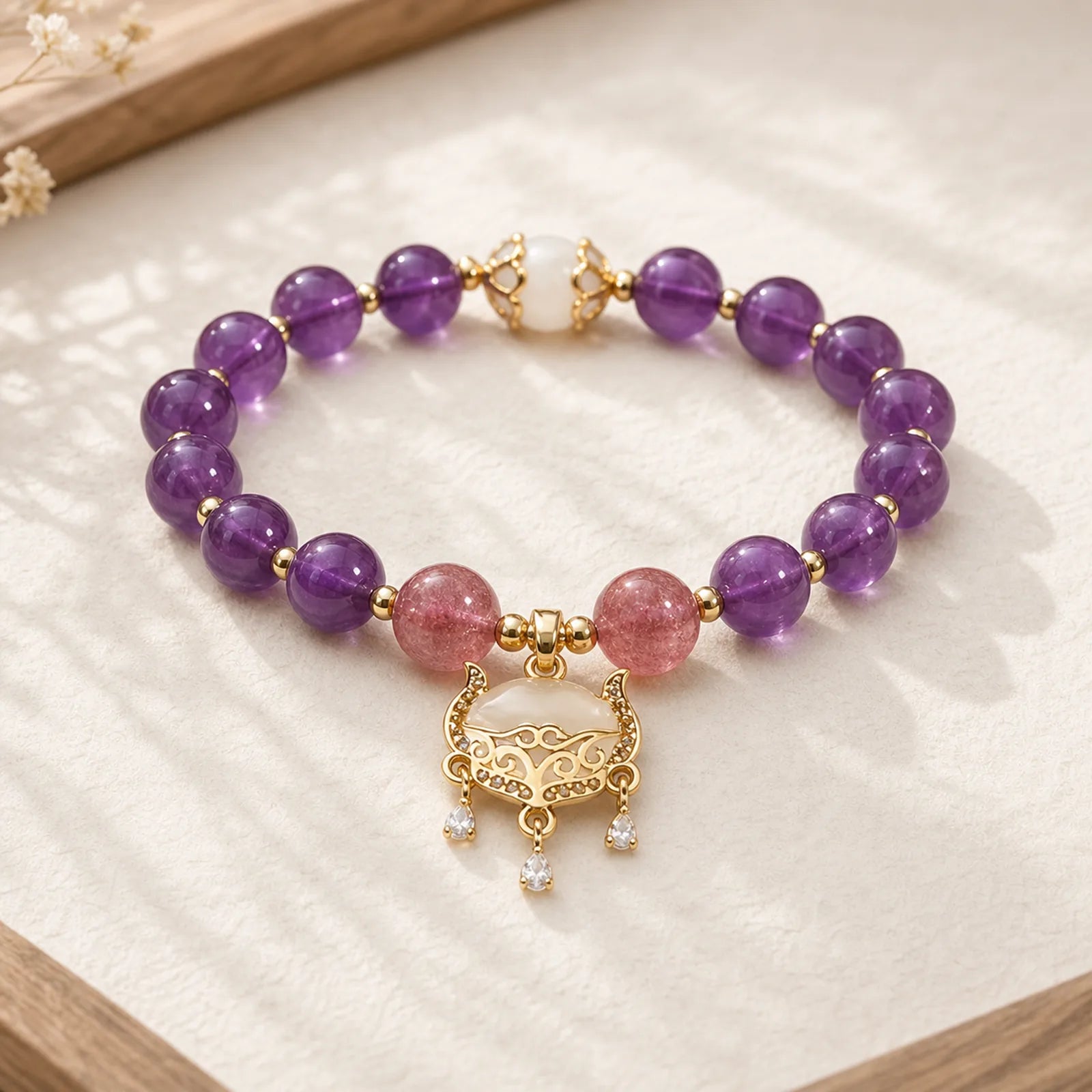 Natural Amethyst Strawberry Quartz Cat Eye Chinese Lock Charm Healing Bracelet featuring Amethyst, Strawberry Quartz, Cat's Eye / Chrysoberyl
