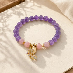 Natural Amethyst Strawberry Quartz Crystal Healing Butterfly Charm Bracelet featuring Amethyst, Strawberry Quartz, Butterfly