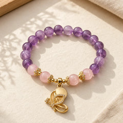 Natural Amethyst Strawberry Quartz Crystal Healing Butterfly Charm Bracelet featuring Amethyst, Strawberry Quartz, Butterfly