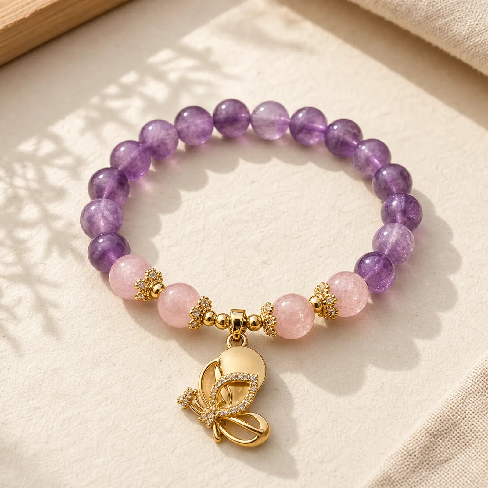 Natural Amethyst Strawberry Quartz Crystal Healing Butterfly Charm Bracelet featuring Amethyst, Strawberry Quartz, Butterfly
