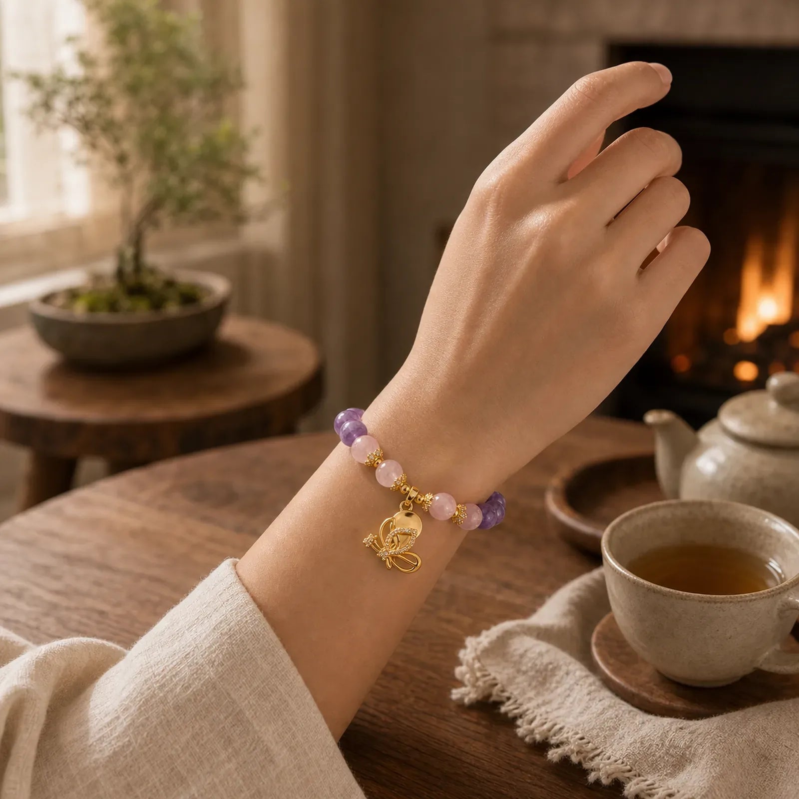 Natural Amethyst Strawberry Quartz Crystal Healing Butterfly Charm Bracelet featuring Amethyst, Strawberry Quartz, Butterfly