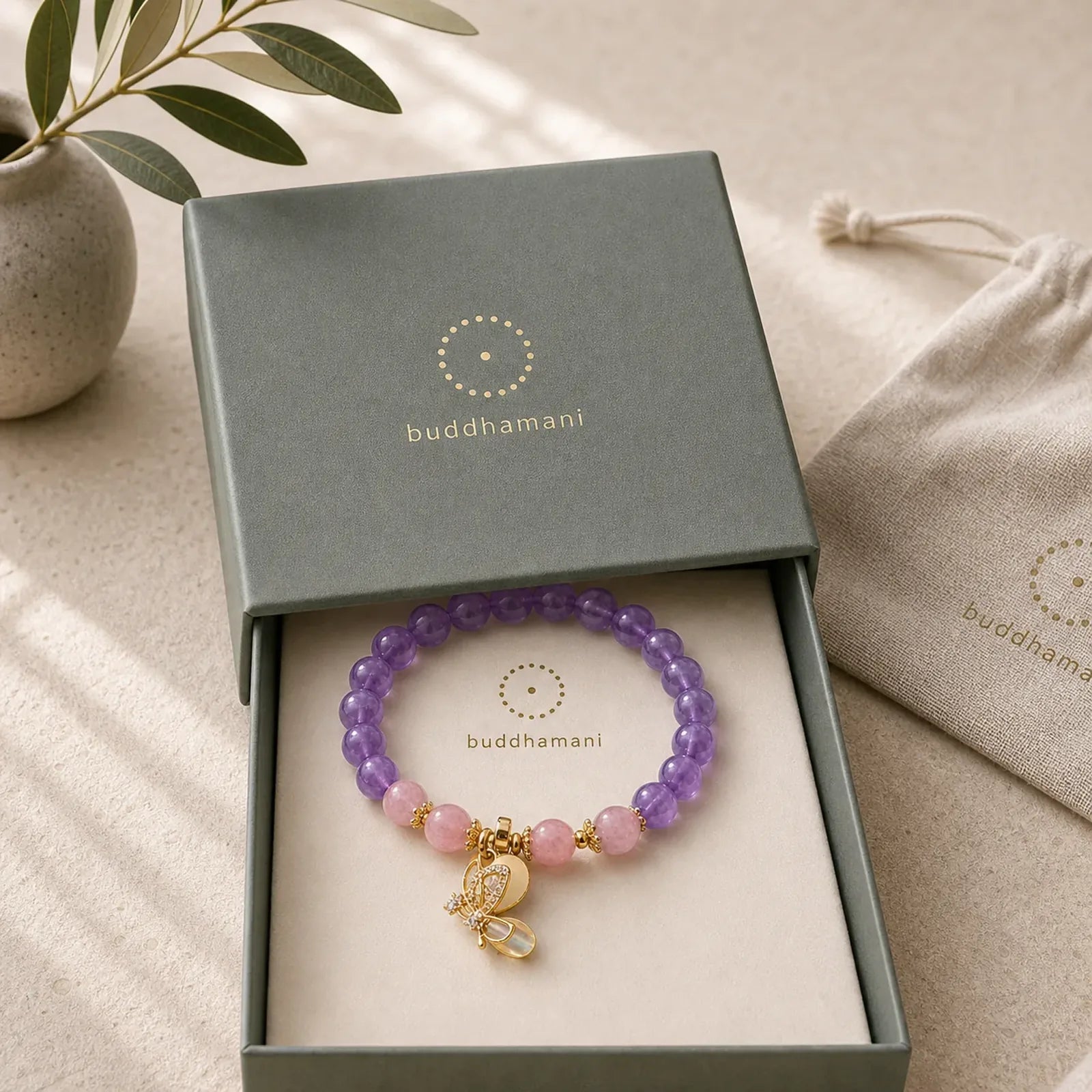 Natural Amethyst Strawberry Quartz Crystal Healing Butterfly Charm Bracelet featuring Amethyst, Strawberry Quartz, Butterfly