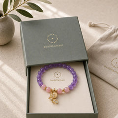 Natural Amethyst Strawberry Quartz Crystal Healing Butterfly Charm Bracelet featuring Amethyst, Strawberry Quartz, Butterfly