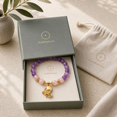 Natural Amethyst Strawberry Quartz Crystal Healing Butterfly Charm Bracelet featuring Amethyst, Strawberry Quartz, Butterfly