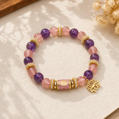 Natural Amethyst Strawberry Quartz Enamel Barrel Bead Lotus Pendant Calm Hand Polished Round Bead Bracelet featuring Amethyst, Strawberry Quartz, Lotus