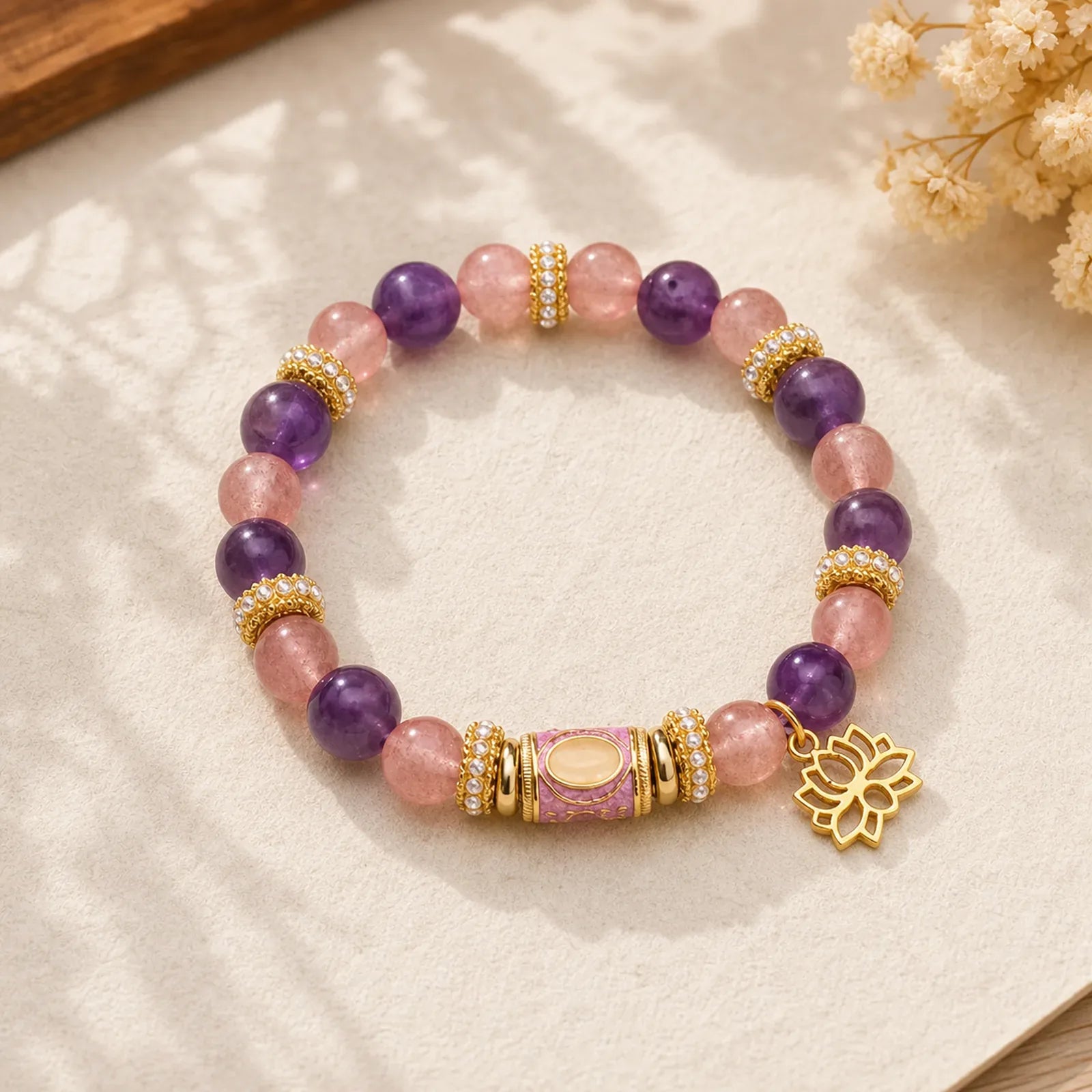 Natural Amethyst Strawberry Quartz Enamel Barrel Bead Lotus Pendant Calm Hand Polished Round Bead Bracelet featuring Amethyst, Strawberry Quartz, Lotus