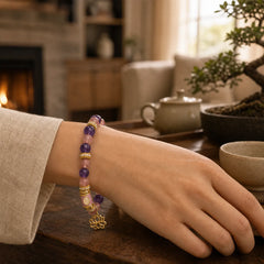 Natural Amethyst Strawberry Quartz Enamel Barrel Bead Lotus Pendant Calm Hand Polished Round Bead Bracelet featuring Amethyst, Strawberry Quartz, Lotus
