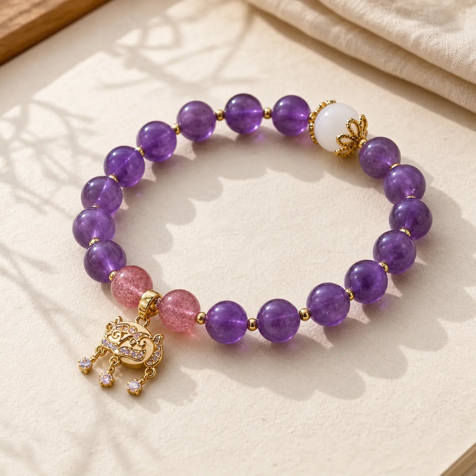 Natural Amethyst Strawberry Quartz Peace Lock Charm Positive Bracelet featuring Amethyst, Strawberry Quartz, Copper