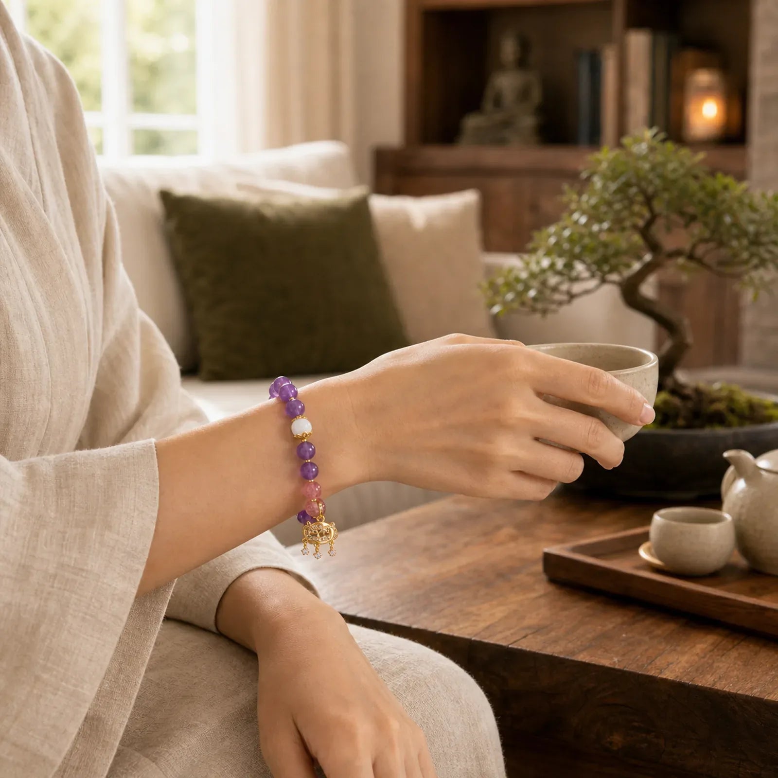 Natural Amethyst Strawberry Quartz Peace Lock Charm Positive Bracelet featuring Amethyst, Strawberry Quartz, Copper