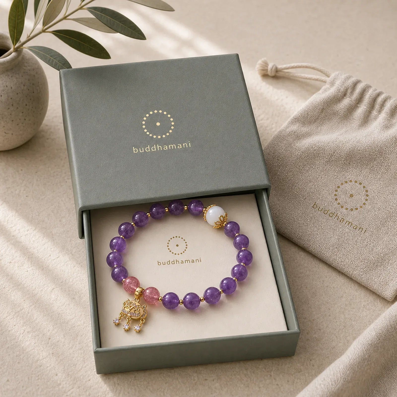 Natural Amethyst Strawberry Quartz Peace Lock Charm Positive Bracelet featuring Amethyst, Strawberry Quartz, Copper