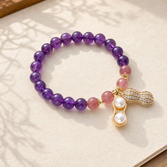 Natural Amethyst Strawberry Quartz Peanut Good Things Happen Positive Bracelet featuring Amethyst, Strawberry Quartz