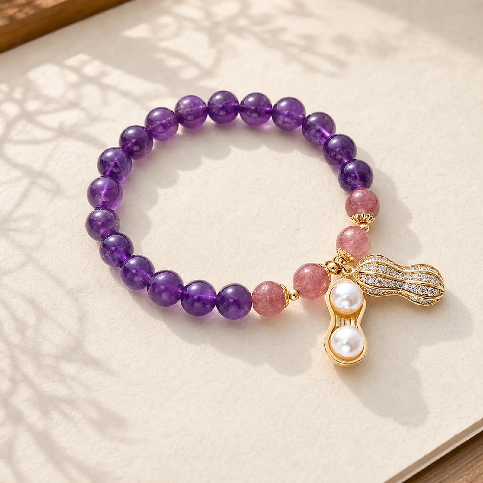 Natural Amethyst Strawberry Quartz Peanut Good Things Happen Positive Bracelet featuring Amethyst, Strawberry Quartz