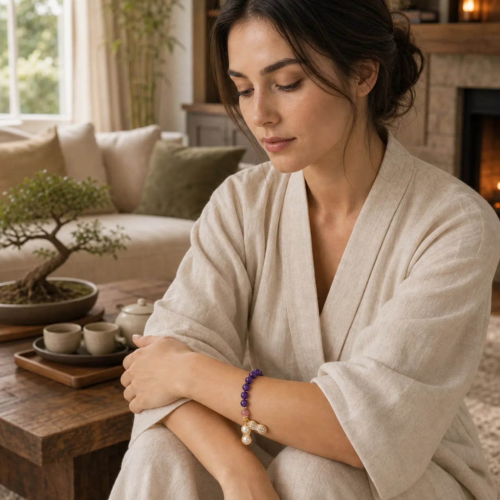 Natural Amethyst Strawberry Quartz Peanut Good Things Happen Positive Bracelet featuring Amethyst, Strawberry Quartz