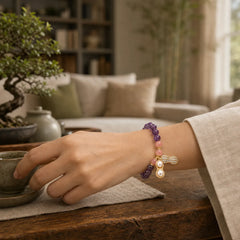 Natural Amethyst Strawberry Quartz Peanut Good Things Happen Positive Bracelet featuring Amethyst, Strawberry Quartz