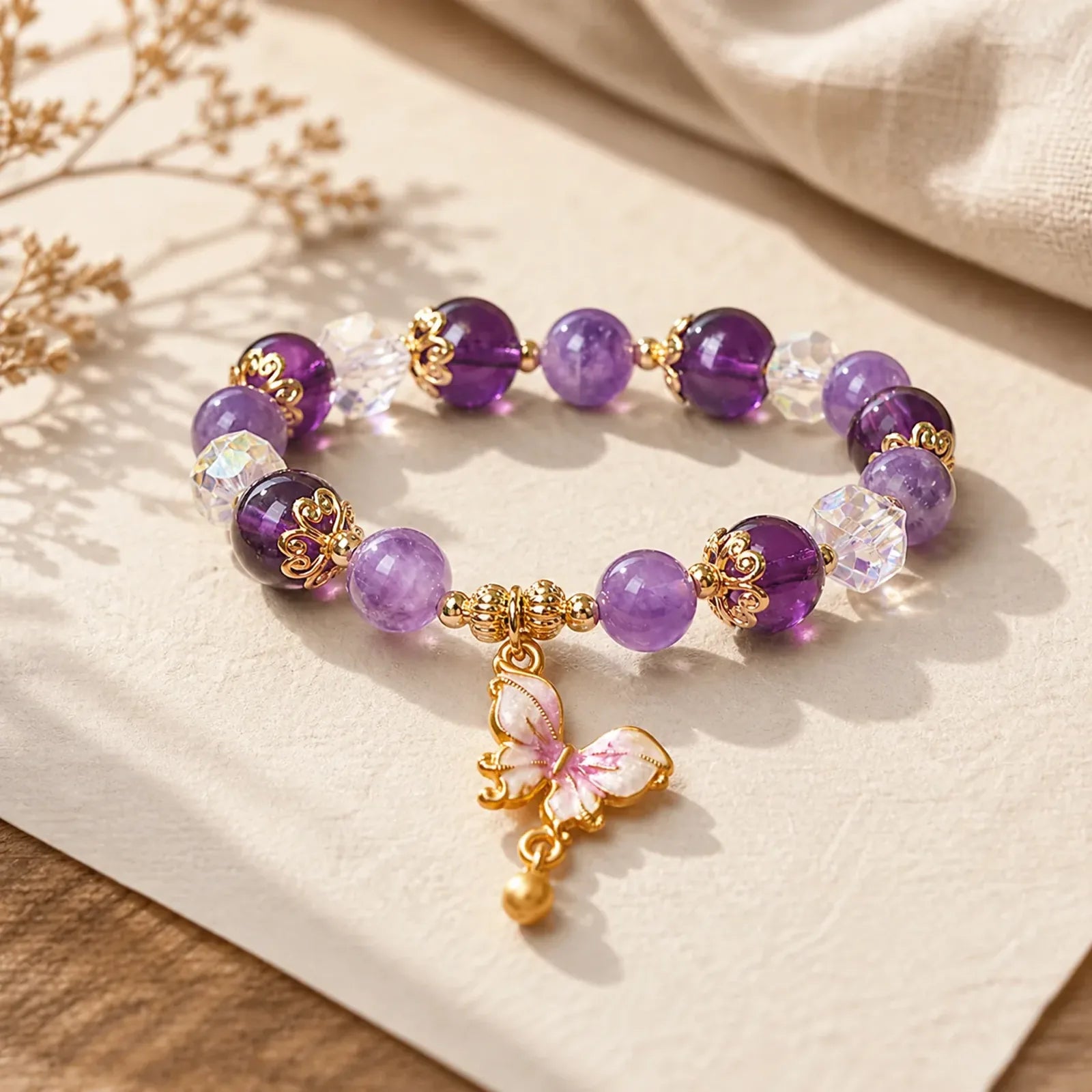Natural Amethyst Sun Stone Butterfly Peace Bracelet featuring Amethyst, Sun Stone, Butterfly